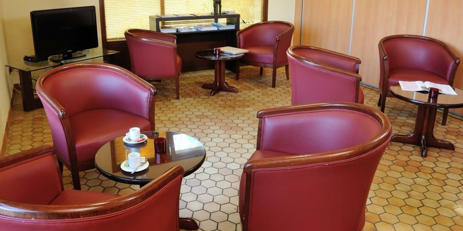 Salon avec fauteuils en cuir rouge, tables basses et télévision